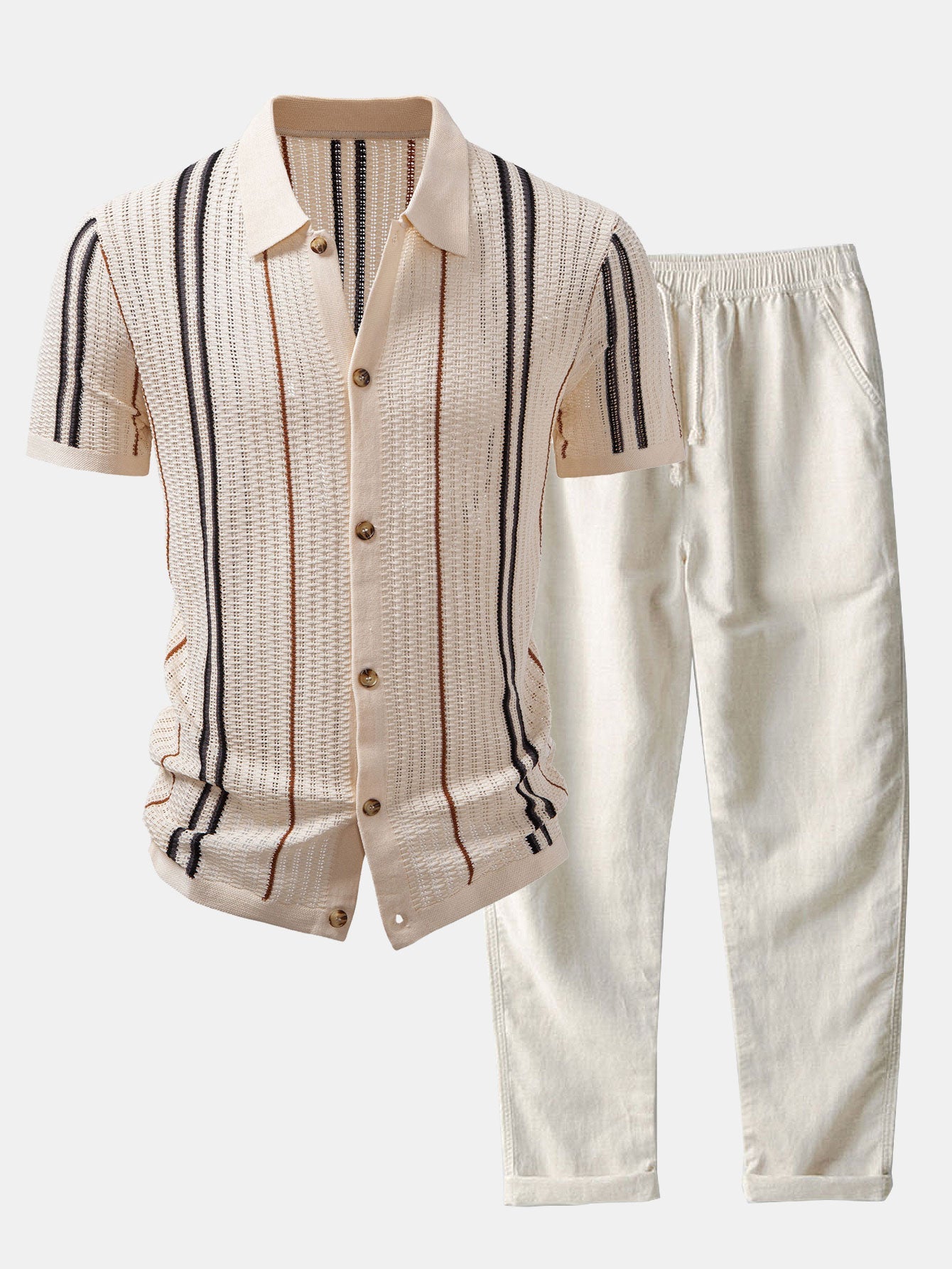Stripe Crochet Shirt & Straight Leg Linen Pants Set