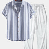 Stripe Linen Shirt & Crinkle Textured Straight Leg Pants Set