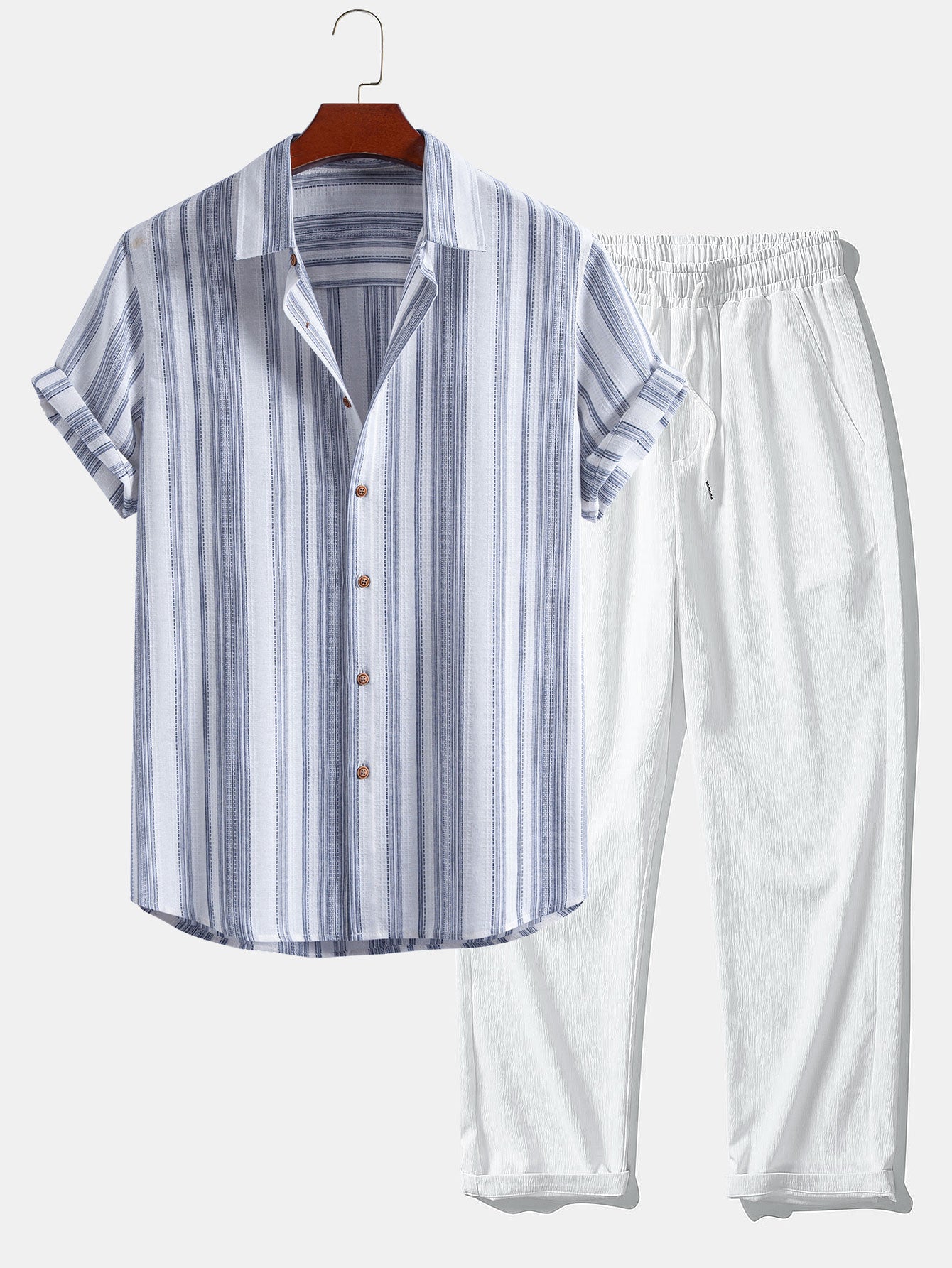 Stripe Linen Shirt & Crinkle Textured Straight Leg Pants Set
