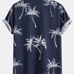 Palm Tree Print Shirt & Linen Cotton Blend Drawstring Shorts Set