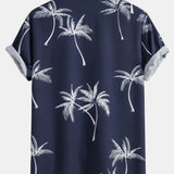 Palm Tree Print Shirt & Linen Cotton Blend Drawstring Shorts Set