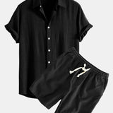 Linen Rayon Blend Shirt & Linen Cotton Blend Drawstring Shorts Set