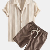 Floral Jacquard Textured Cuban Shirt & Linen Cotton Blend Drawstring Shorts Set