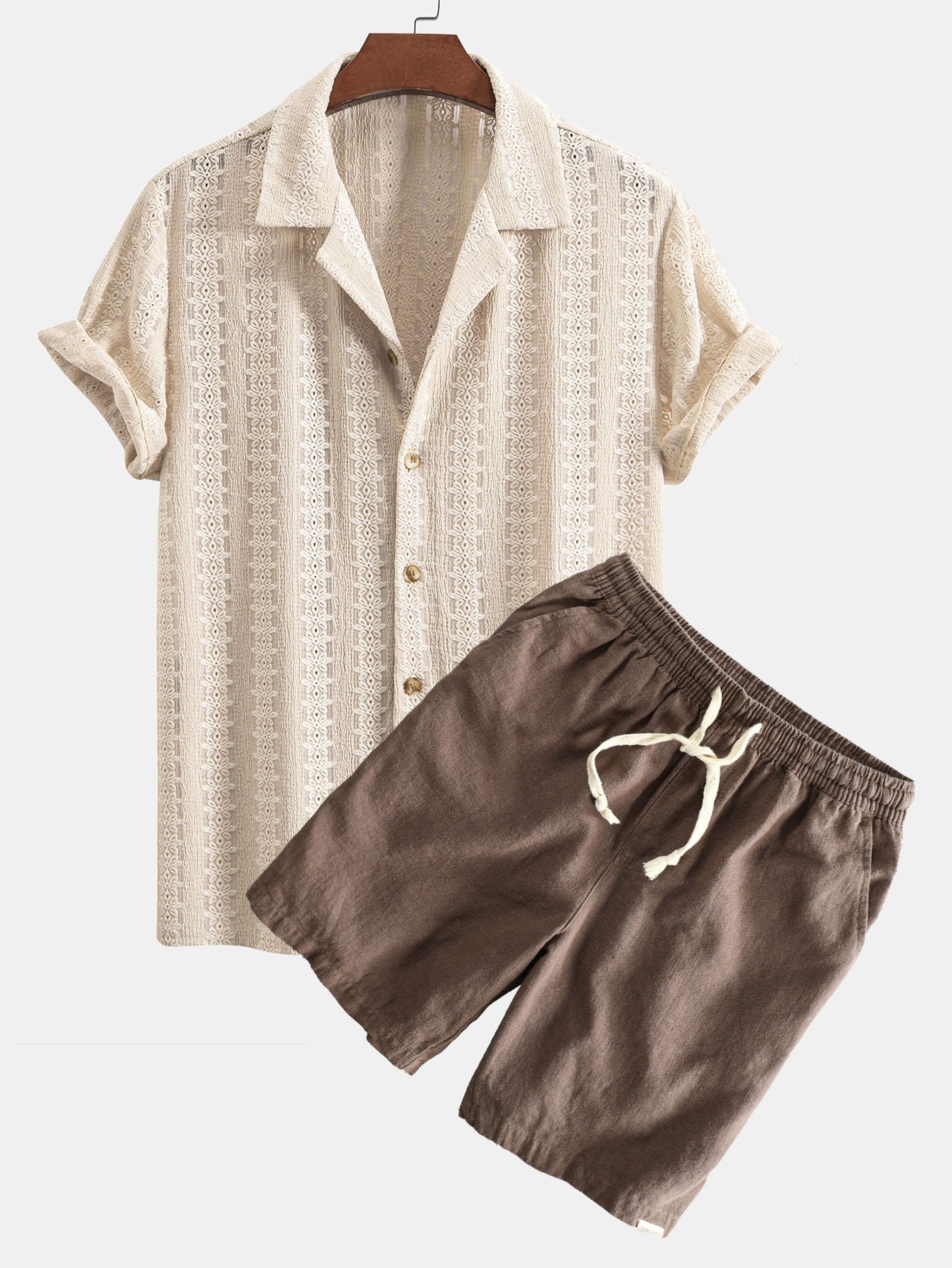 Floral Jacquard Textured Cuban Shirt & Linen Cotton Blend Drawstring Shorts Set