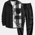 Corduroy Plaid Patchwork Shirt & Drawstring Corduroy Cargo Jogger Pants Set