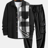 Corduroy Plaid Patchwork Shirt & Drawstring Corduroy Cargo Jogger Pants Set