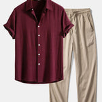 Linen Rayon Blend Shirt & Wrinkle Textured Straight Leg Pants Set