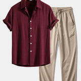 Linen Rayon Blend Shirt & Wrinkle Textured Straight Leg Pants Set