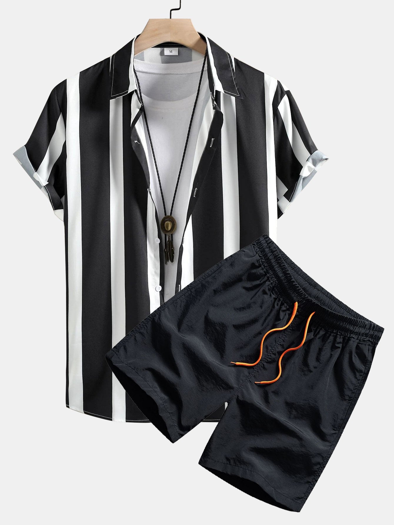 Striped Print Shirt & Swim Shorts Set