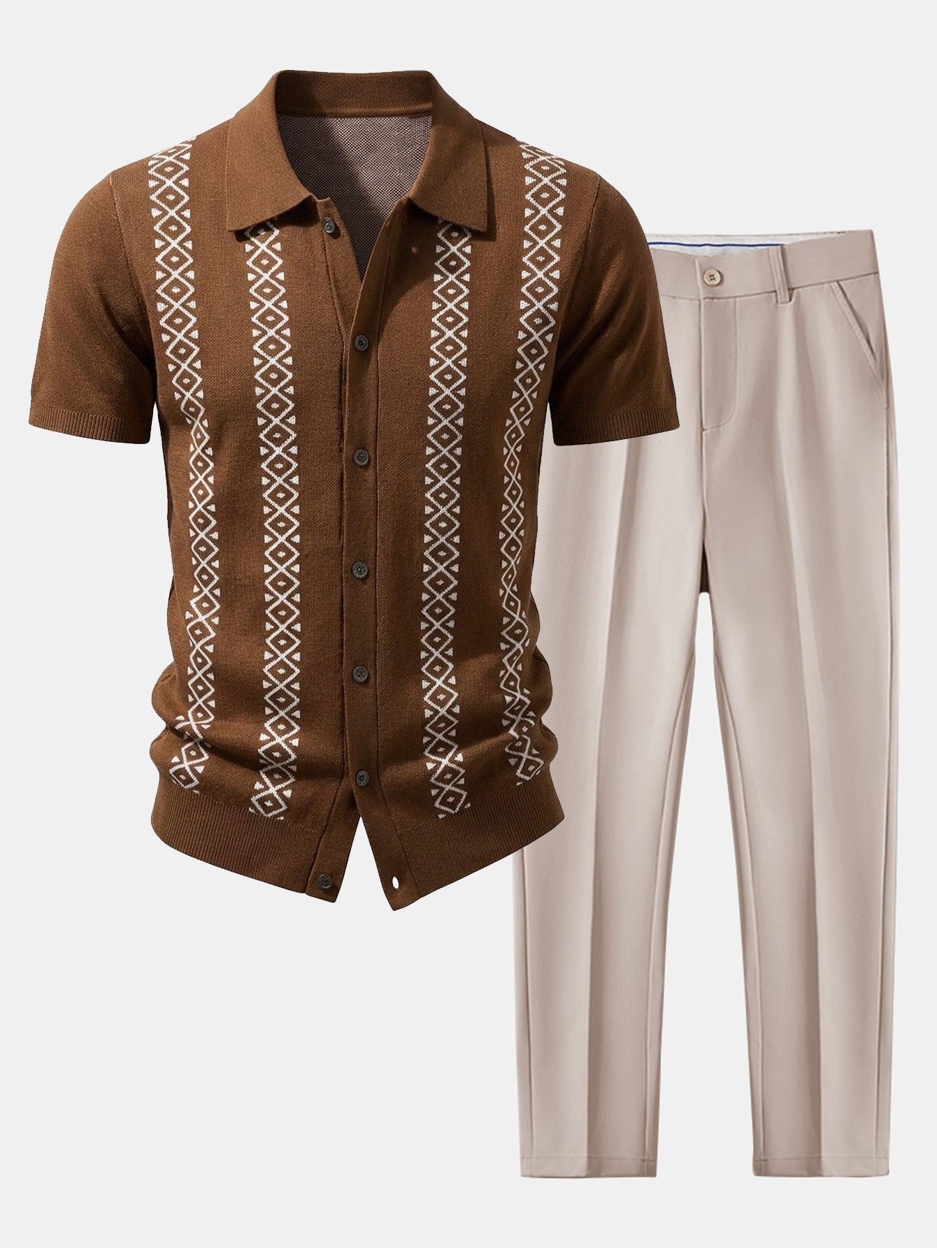 Geometric Knit Shirt & Slim Fit Tapered Trousers Set