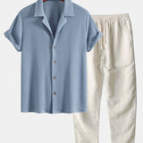 Waffle Textured Cuban Shirt & Straight Leg Linen Pants Set