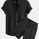 Waffle Stand Collar Shirt & Drawstring Waffle Shorts Set