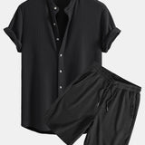 Waffle Stand Collar Shirt & Drawstring Waffle Shorts Set