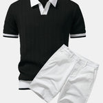 Texture Contrast Knitted V Neck Polo Shirt & Cotton Chino Shorts Set