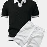 Texture Contrast Knitted V Neck Polo Shirt & Cotton Chino Shorts Set