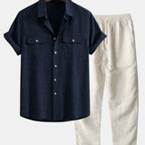 Textured Shirt with Two Pockets & Straight Leg Linen Pants Set