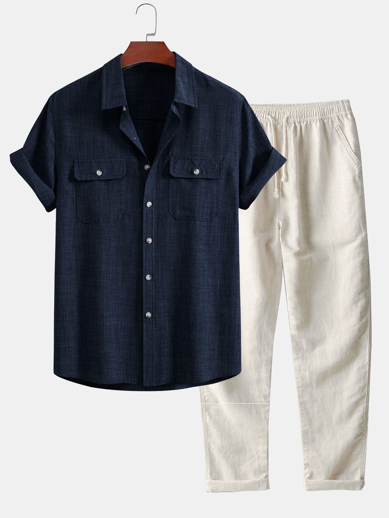 Textured Shirt with Two Pockets & Straight Leg Linen Pants Set