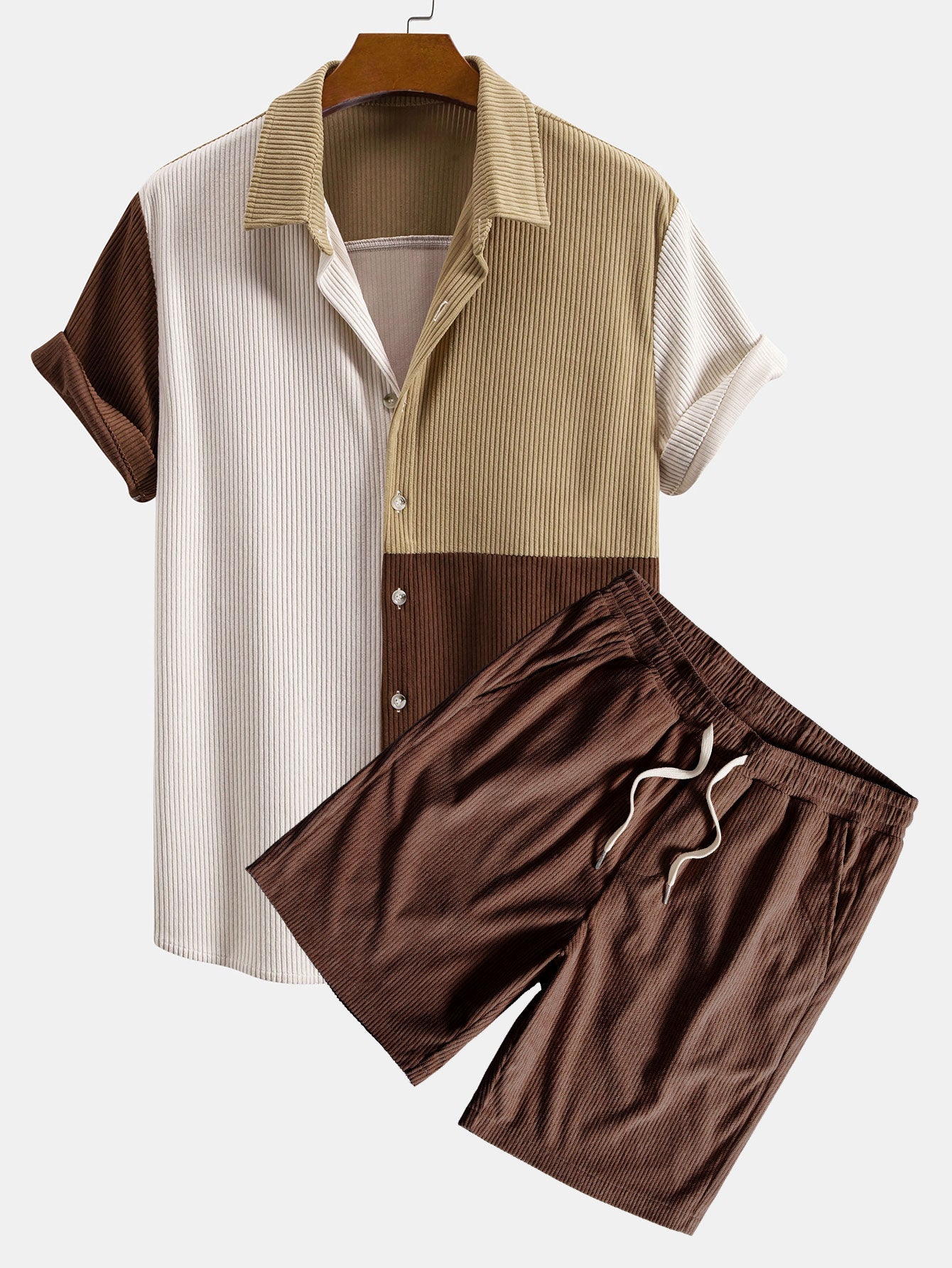 Colorblock Button Up Corduroy Shirt & Corduroy Drawstring Shorts Set
