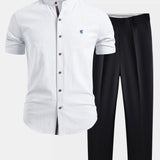Short Sleeve Linen Stand Collar Shirt & Slim Fit Tapered Trousers Set