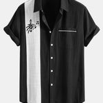 Musical Note Print Linen Contrast Button Up Shirt