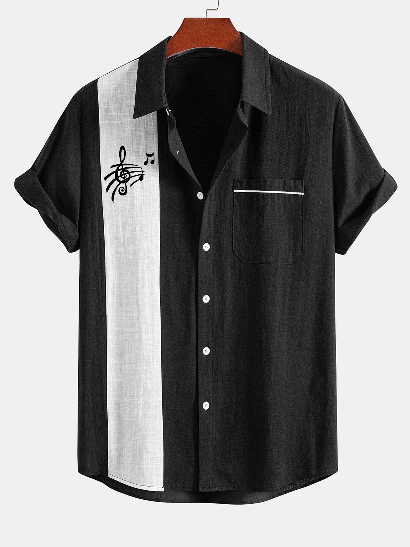 Musical Note Print Linen Contrast Button Up Shirt