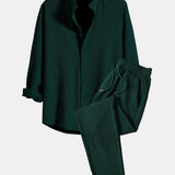 Long Sleeve Muscle Fit Ribbed Stand Collar Shirt & Ribbed Pants Set