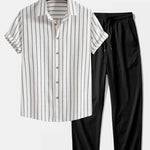 Cotton Blend Striped Shirt & Crinkle Textured Straight Leg Pants Set