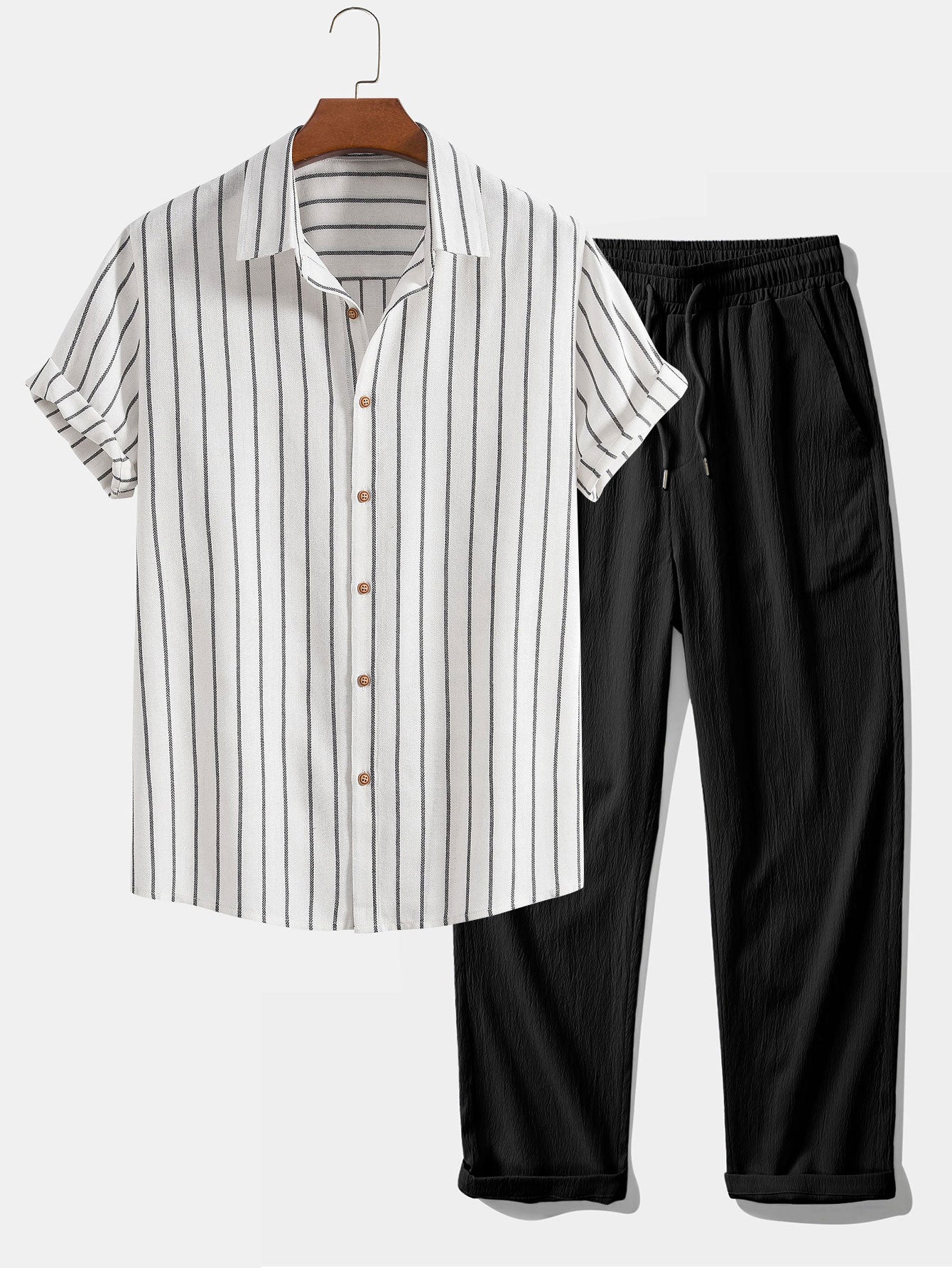 Cotton Blend Striped Shirt & Crinkle Textured Straight Leg Pants Set