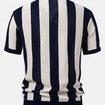 Striped Eyelet Knit Zip Up Polo Shirt & Straight Leg Linen Pants Set