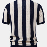 Striped Eyelet Knit Zip Up Polo Shirt & Straight Leg Linen Pants Set
