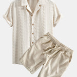 Floral Checkerboard Jacquard Cuban Shirt & Linen Cotton Blend Drawstring Set