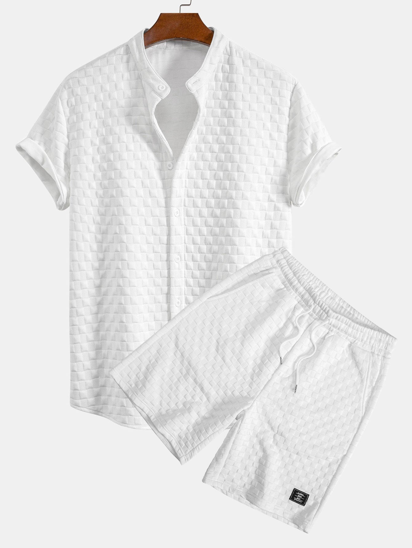 Checkerboard Stand Collar Shirt & Checkerboard Jacquard Shorts Set