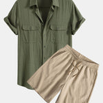 Linen Rayon Blend Pocket Utility Shirt & Crinkled Textured Drawstring Shorts Set