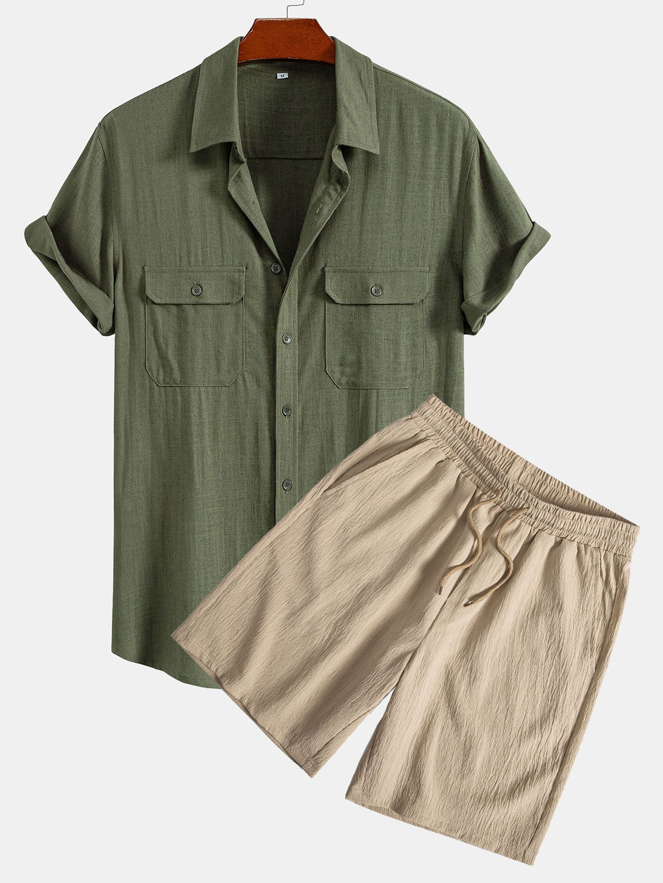 Linen Rayon Blend Pocket Utility Shirt & Crinkled Textured Drawstring Shorts Set