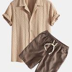 Geometric Jacquard Textured Cuban Shirt & Linen Cotton Blend Shorts Set
