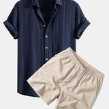 Geometric Jacquard Shirt & Crinkle Textured Drawstring 5" Shorts Set