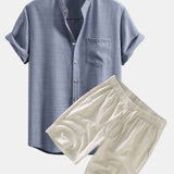 Short Sleeve Stand Collar Shirt & Linen Drawstring Shorts Set