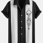 Geometric Rhombus Print Linen Patchwork Bowling Shirt
