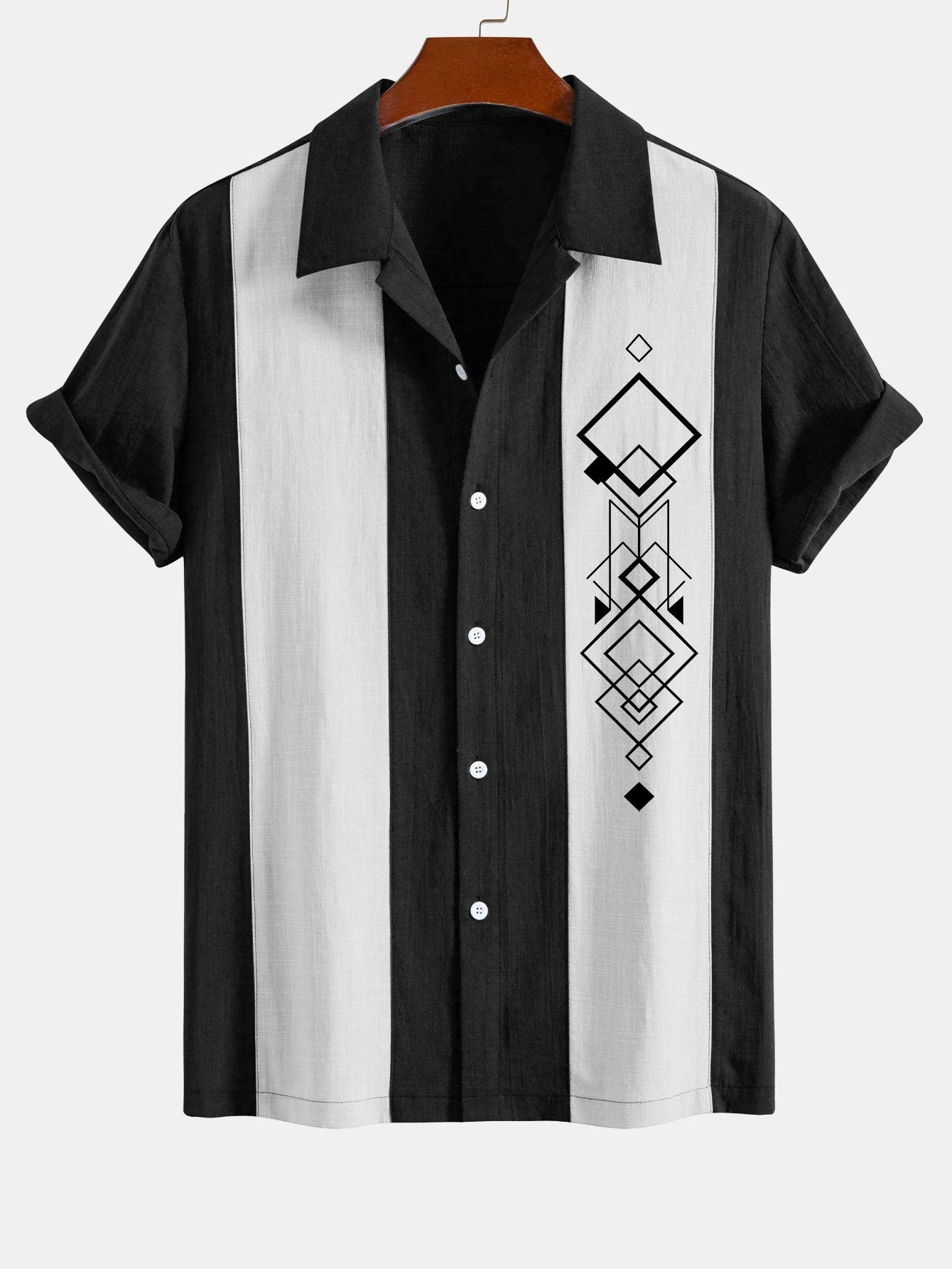 Geometric Rhombus Print Linen Patchwork Bowling Shirt