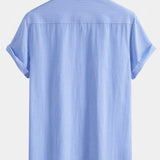Short Sleeve Cotton Stripe Stand Collar Shirt