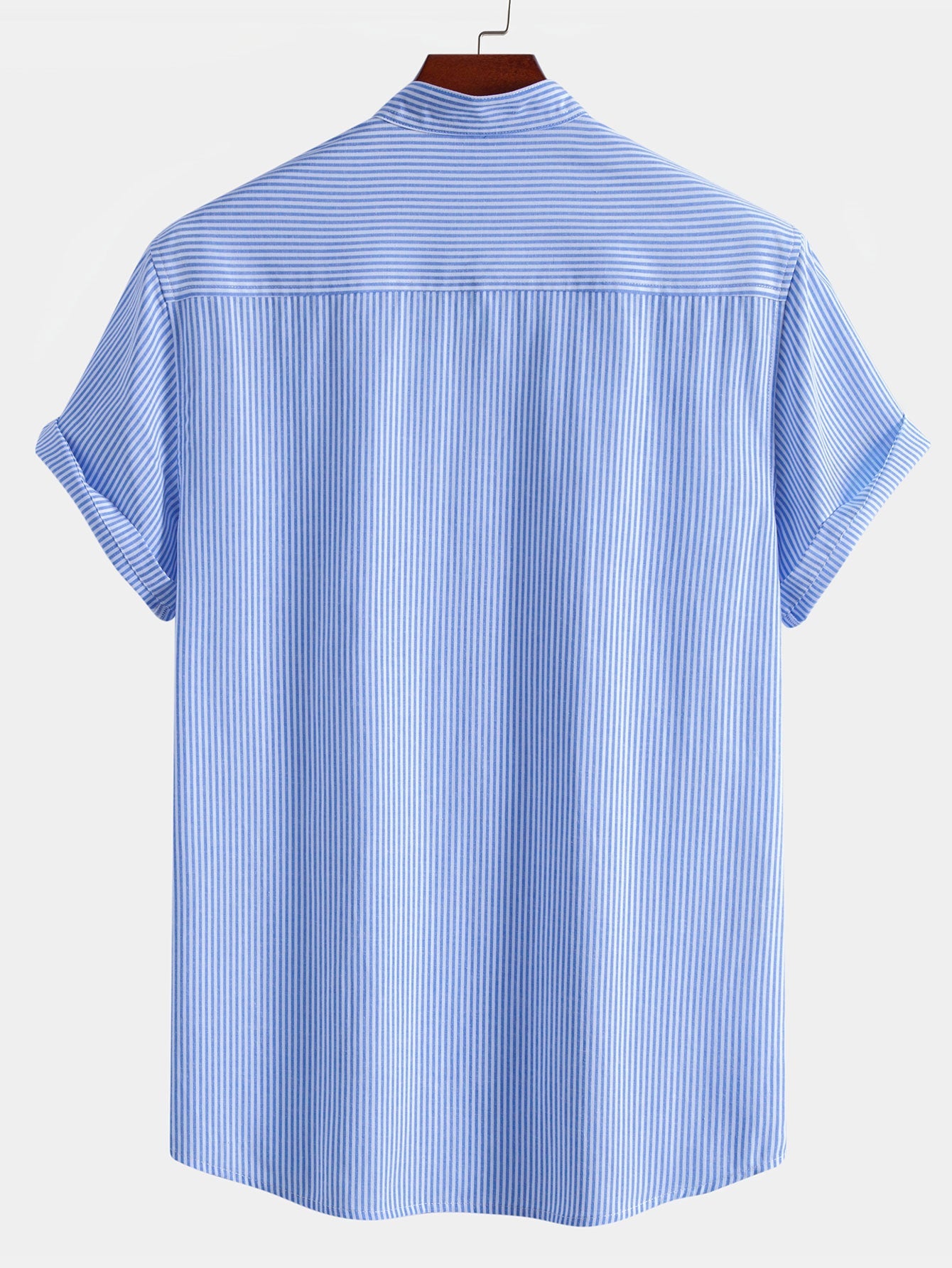 Short Sleeve Cotton Stripe Stand Collar Shirt