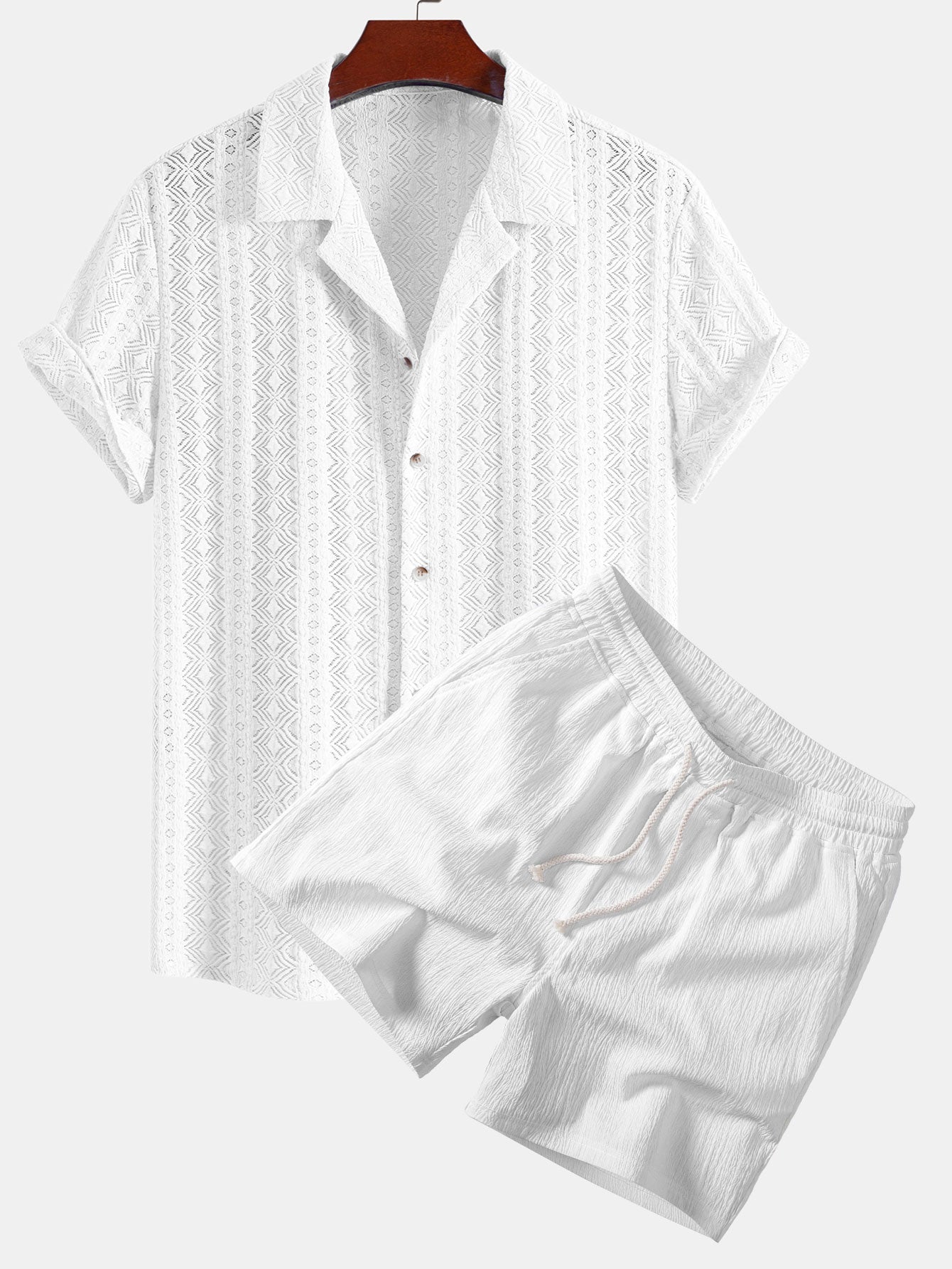 Geometric Jacquard Cuban Shirt & Crinkle Textured Drawstring 5" Shorts Set