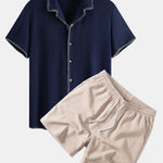 Contrast Stitching Linen Rayon Blend Cuban Shirt & Crinkle Textured Set