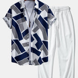 Color Block Geometry Print Shirt & Wrinkle Textured Pants Set