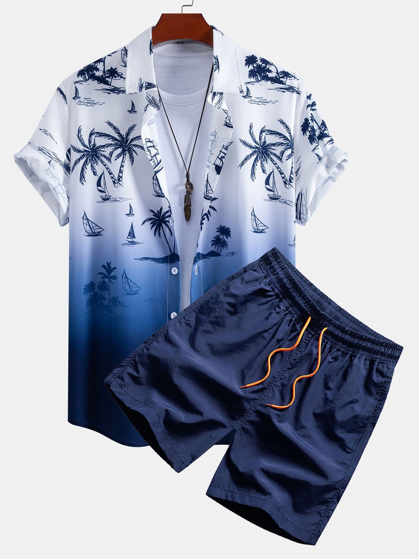 Gradient Island Palm Tree Print Shirt & Swim Shorts Set