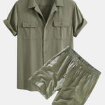 Linen Cuban Shirt with Pockets & Linen Drawstring Shorts Set