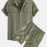 Linen Cuban Shirt with Pockets & Linen Drawstring Shorts Set