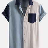 Short Sleeve Corduroy Patchwork Shirt & Corduroy Drawstring Shorts Set