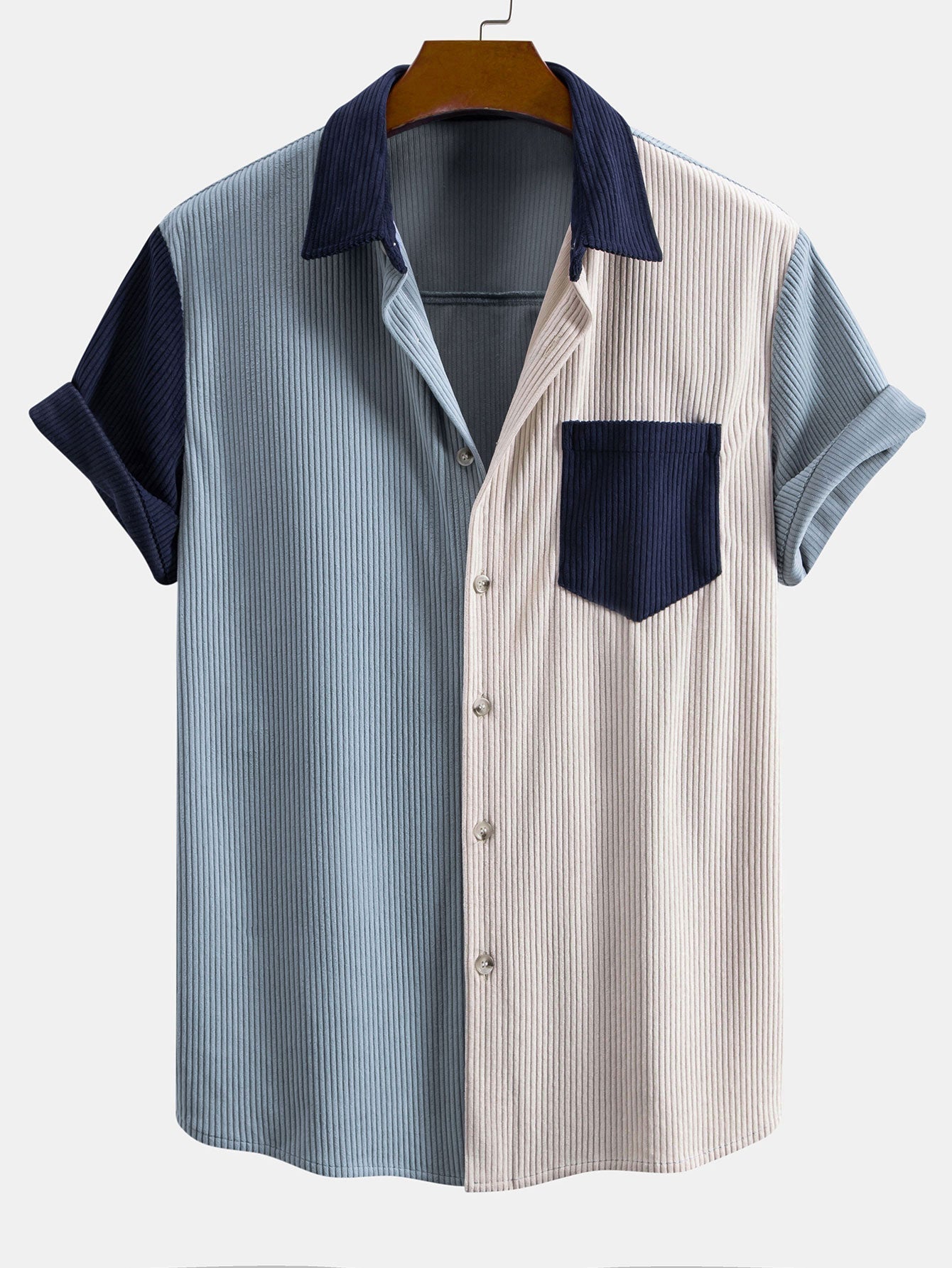 Short Sleeve Corduroy Patchwork Shirt & Corduroy Drawstring Shorts Set
