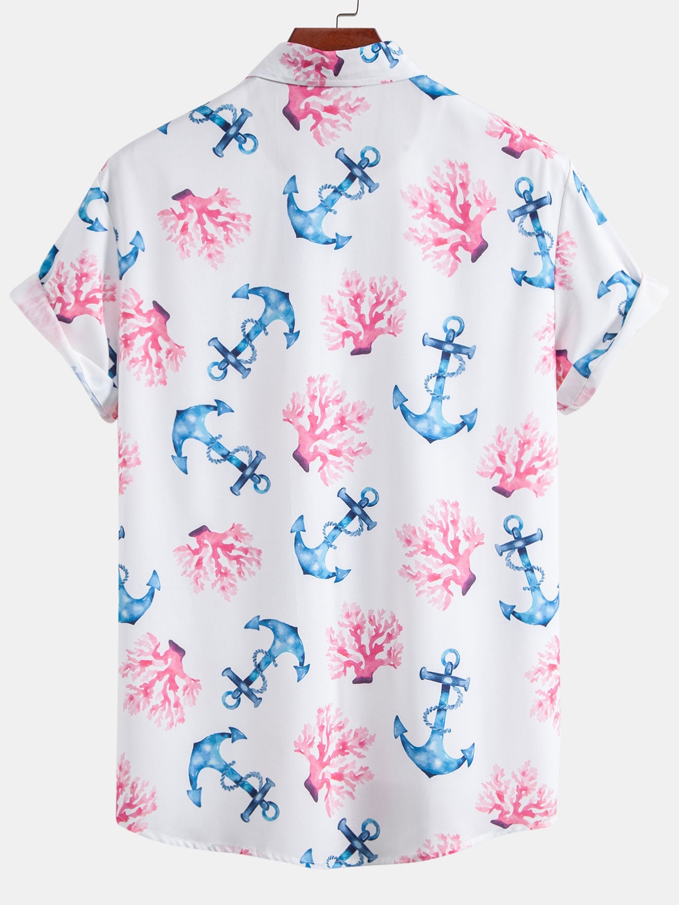 Coral Anchor Print Button Up Shirt